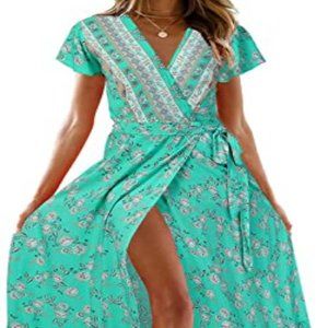 Bohemian Floral Printed Wrap V Neck Short Sleeve